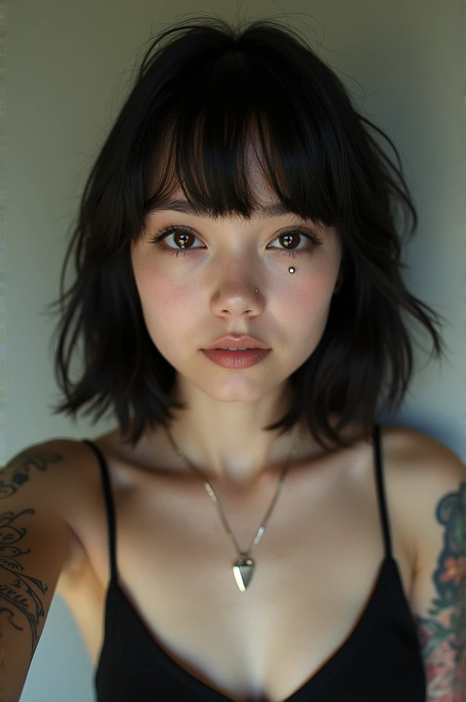 Generate a selfie of a girl with brown eyes and a dark bob with a piercing in her nose and a tattoo on her arm taken with a low-quality phone camera