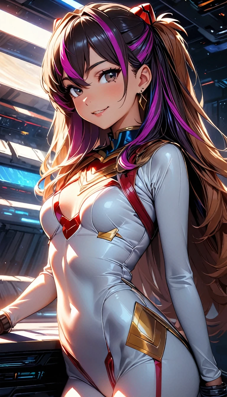 (highest quality:1.2, Very detailed, up to date, Vibrant, Ultra-high resolution, High Contrast, masterpiece:1.2, highest quality, Best aesthetics), Portraiture、girl、((25-years-old:1)), Soryu Asuka Langley, costume, Beautiful fine details、Bright colors、Beautiful lip detail, long hair、black and purple ((streaked hair:1.6)), highlights hair: 1.5, brown eyes, gold earrings, ((slim body:1.4)), (small breast:0.7), (dark skin:0.5)), smile:1.5 , space base, (cowboy shot:1), looking viewer