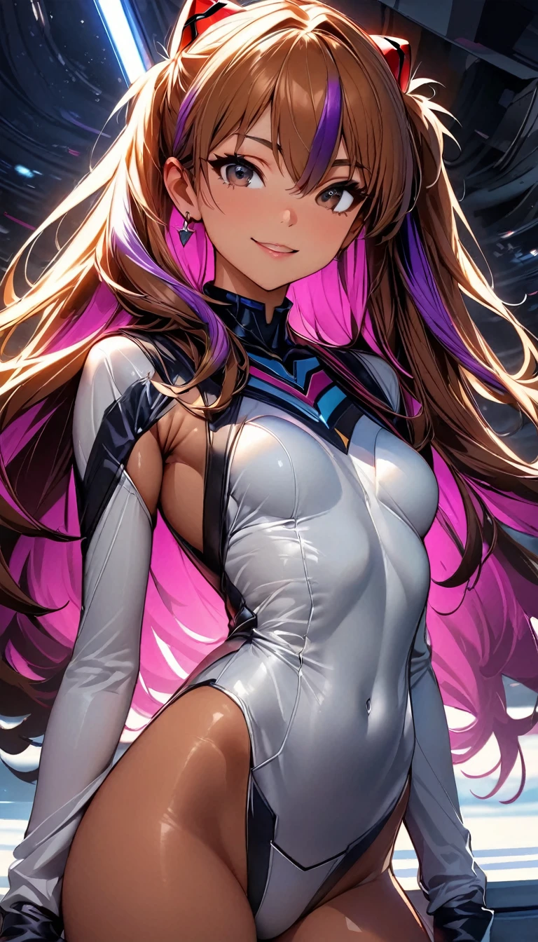 (highest quality:1.2, Very detailed, up to date, Vibrant, Ultra-high resolution, High Contrast, masterpiece:1.2, highest quality, Best aesthetics), Portraiture、girl、((25-years-old:1)), Soryu Asuka Langley, costume, Beautiful fine details、Bright colors、Beautiful lip detail, long hair、black and purple ((streaked hair:1.6)), highlights hair: 1.5, brown eyes, gold earrings, ((slim body:1.4)), (small breast:0.7), (dark skin:0.5)), smile:1.5 , space base, (cowboy shot:1), looking viewer