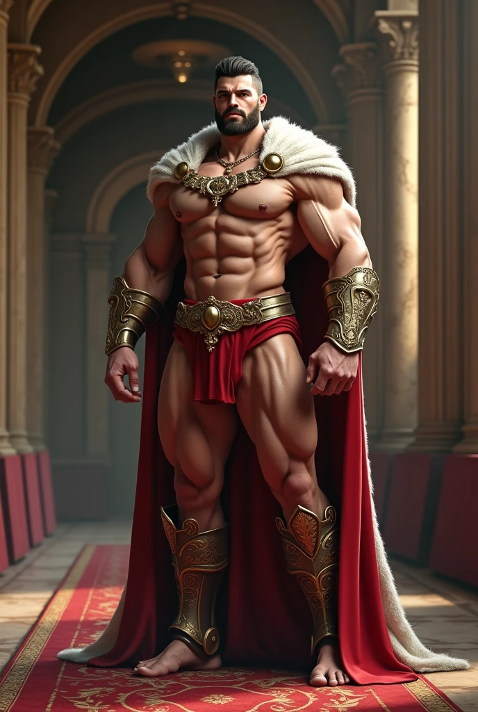 realist, (masterpiece), (photorealist:1.3), ultra detailed, (high detailed:1.2), (Best Quality:1.0), manly, muscular, Tall Man, chest hair, A man in royal attire, covered with a small insulting armor, fancy, full body character sheet, huge bulge in crotch, cuerpo muscular, full body view, inside a castle, very small thread loincloth, Haircut, Shadow of six o'clock.