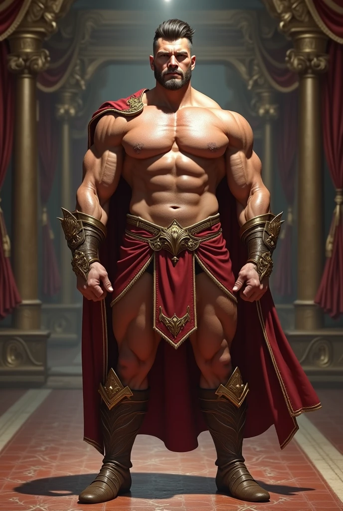 realist, (masterpiece), (photorealist:1.3), ultra detailed, (high detailed:1.2), (Best Quality:1.0),  manly, muscular, Tall Man, chest hair, A man in royal attire, covered with a small insulting armor, fancy, full body character sheet, huge bulge in crotch, cuerpo muscular, full body view, inside a castle, very small thread loincloth, Haircut, Shadow of six o&#39;clock.