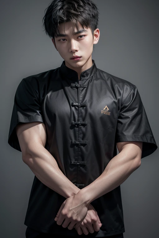young and strong chinese man in black clothes