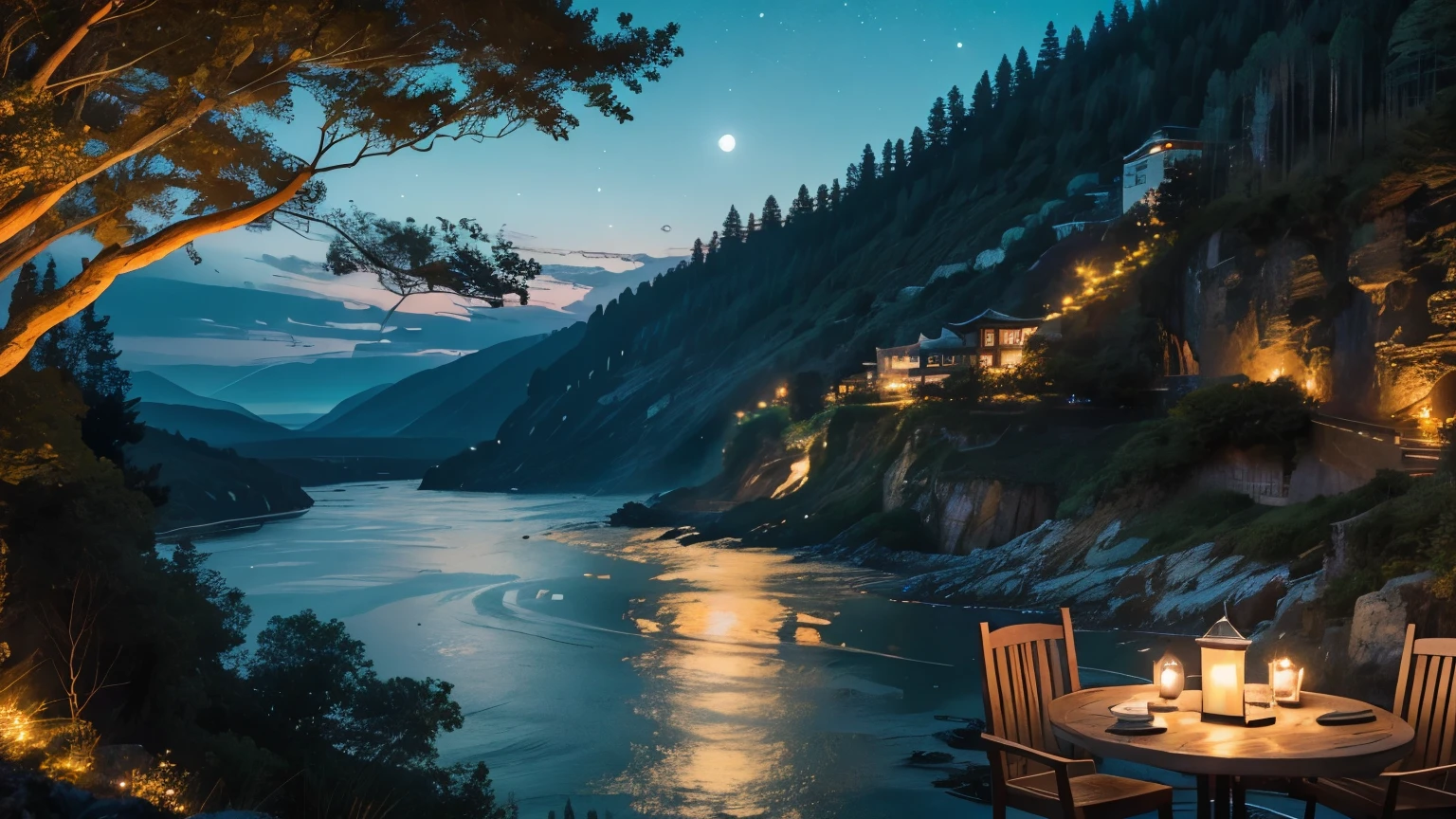 Evening perspective from a cliffside terrace cafe table. The inky black river churns below, moonlight glinting off its restless surface. Overhead, a canopy of stars competes with strung fairy lights. The powerful sound of rushing water fills the night air, occasionally overpowering the gentle tinkling of wind chimes. Fireflies drift lazily above the dark outlines of distant rice fields.