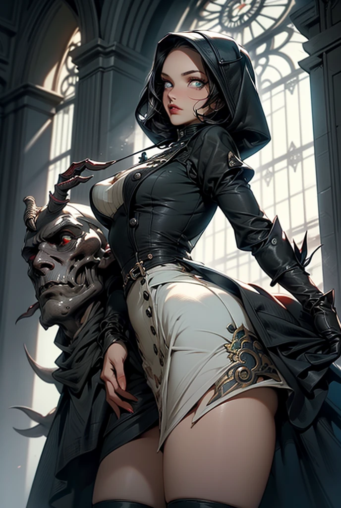 (((masterpiece, of the highest quality, super detailed))), (a witch belonging to an occult order of knights), (a knight crossed with a witch), Victorian era inspired, ((minimal but intricate beautiful armour)), Fluttering lace flared dress with frilly petticoats, ((nier automata meets bloodbourne)), (big forhead:1.2), ((dark hair)), (((Very sharp focused eyes))), very long eyelashes, occult aesthetic, (red and white clothing detailed and intricate steampunk and detailed gothic), (with a hood), complex lace boots,