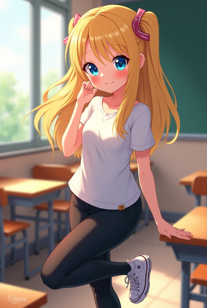 Beautiful white anime girl, blonde hair, blue eyes, freckles, bright smile, black leggings, black high top converse shoes, shoe sole, white shirt, one leg up, classroom background.