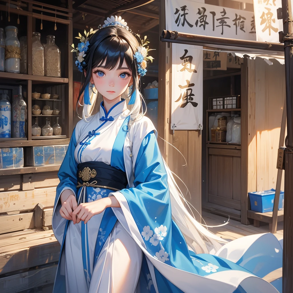 Beautiful girl in white and blue ancient Chinese costume Sta selling sticky rice wrapped in stewed pork in a small shed on the side of the road in a market next to a cargo ship, where people get off the ship wearing ancient Chinese clothing and walk down to buy her stuff.. The sun shines on my face, my eyes sparkle.