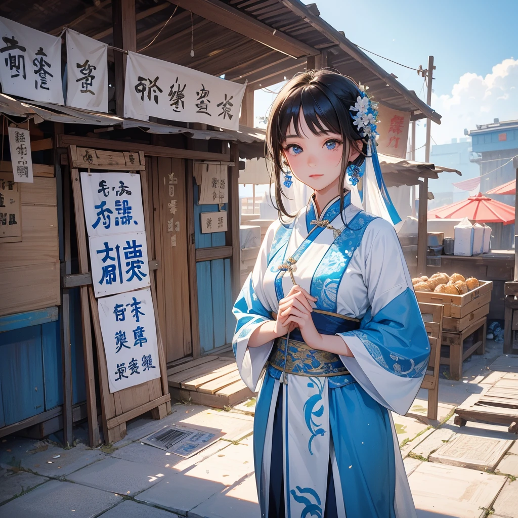 Beautiful girl in white and blue ancient Chinese costume Sta selling sticky rice wrapped in stewed pork in a small shed on the side of the road in a market next to a cargo ship, where people get off the ship wearing ancient Chinese clothing and walk down to buy her stuff.. The sun shines on my face, my eyes sparkle.
