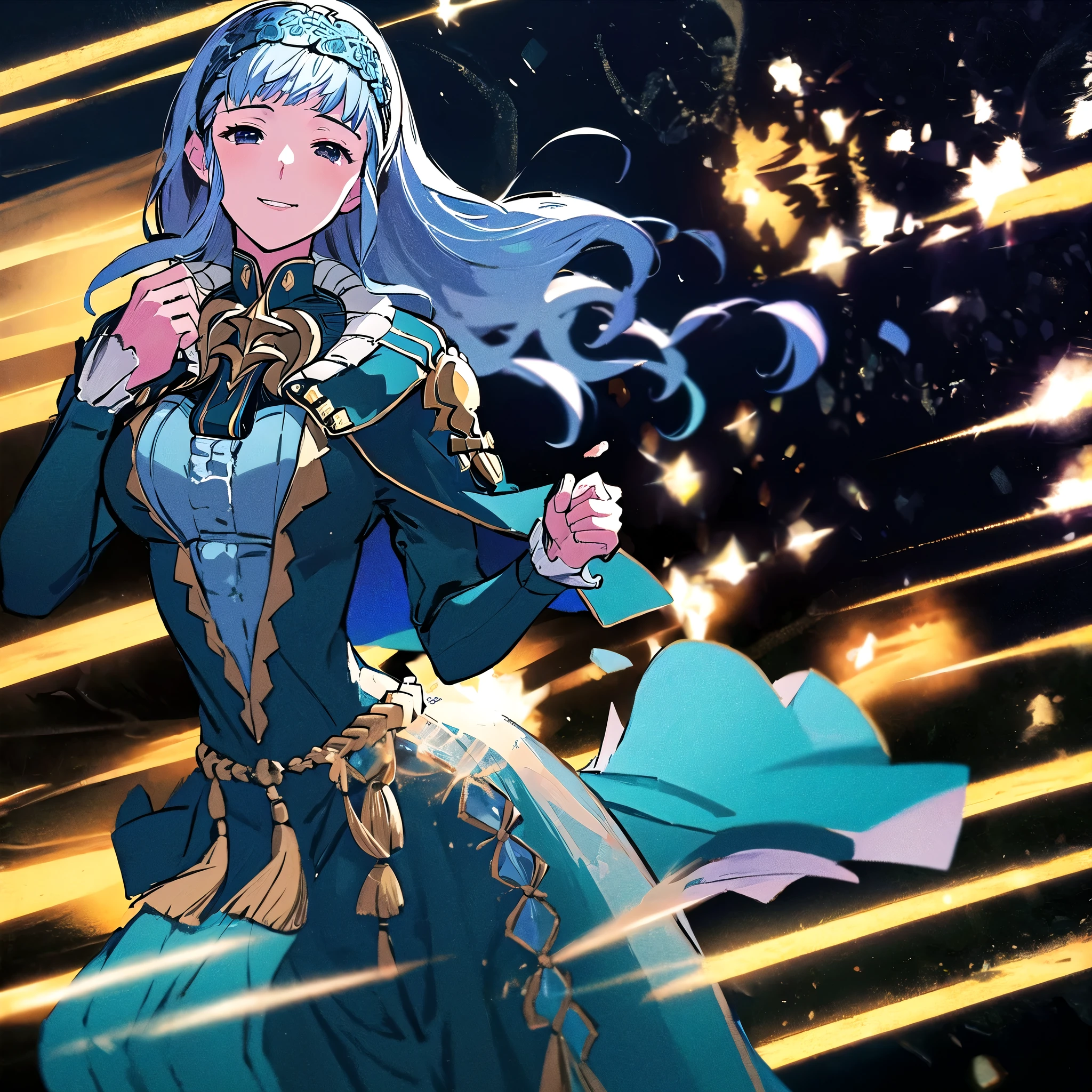 masterpiece, best quality, Marianne3Hopes, long hair, blue dress, capelet, hairband, cowboy shot, smile, simple background