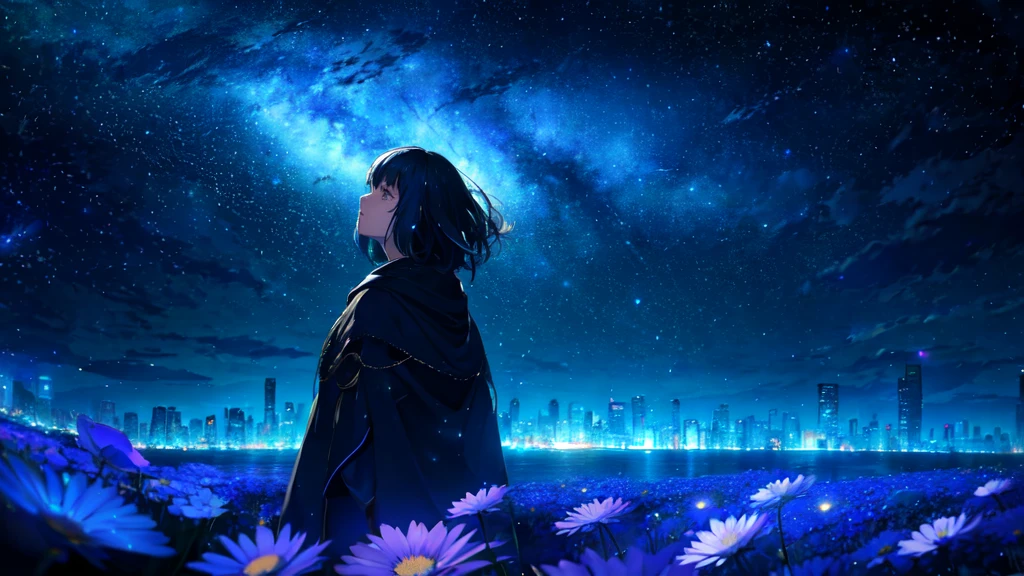 a girl, (glowing stars through the air:1.1), blurry background, bokeh, depth of field, starry skyline, far from city, alone, fearful, hopeless, magic, magical, fantastic, dark hue, haze, In a sea of flowers, "tmasterpiece,top quality,