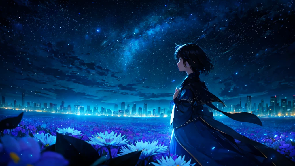 a girl, (glowing stars through the air:1.1), blurry background, bokeh, depth of field, starry skyline, far from city, alone, fearful, hopeless, magic, magical, fantastic, dark hue, haze, In a sea of flowers, "tmasterpiece,top quality,