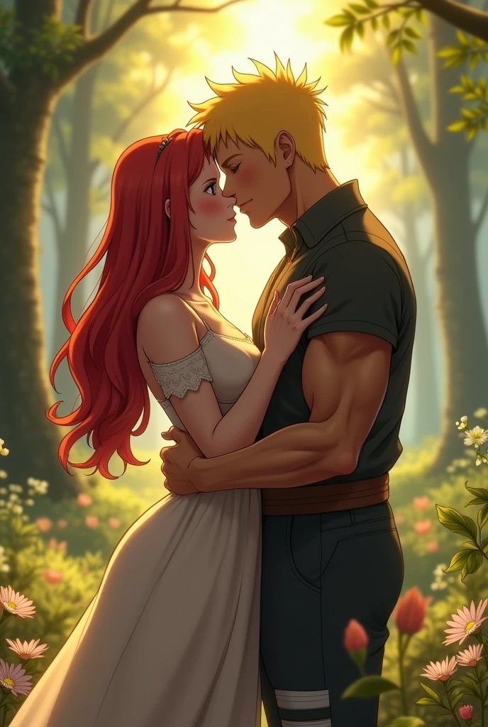 a man and a woman hugging in the woods, female link and malon kissing, peasant boy and girl first kiss, gregoire and manon, lovely kiss, kisses are wordless spells, fairy tale style background, the girl has red hair huge breasts, thicc thighs,the boy is Naruto uzomaki, strong body, anatomy correctly, accurate,UHD