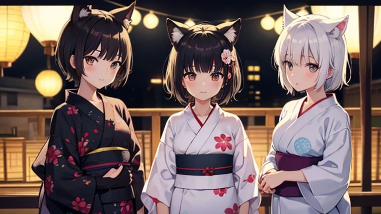(Printed Polaroid Photo\(3females および3人の女の子 cute,cute,cute　Small wolf ears　Small wolf ears　Small wolf ears　(((White short hair Brown short hair Black short hair)))　３Both people are small　３Both people have normal breasts　((Yukata yukata yukata))　The background is fireworks