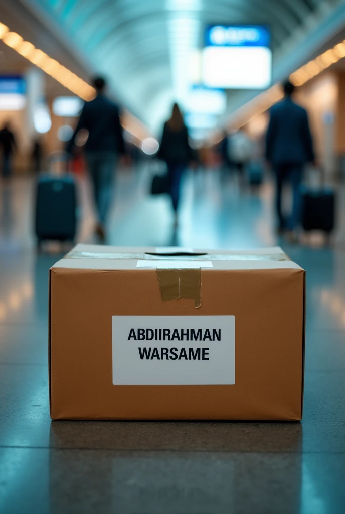 A box in the airport terminal check with a white sticker and name of ABDIRAHMAN WARSAME ON IT