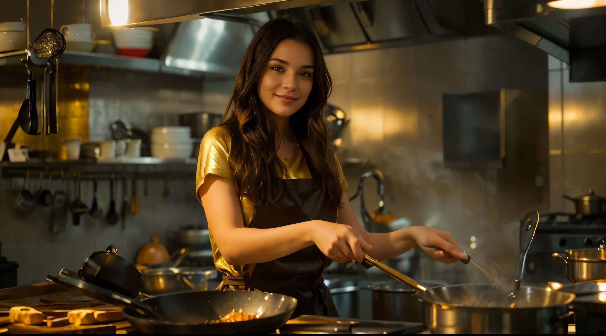 Portrait of a beautiful young adult woman, aged 35, with herself as the main subject. She has a well-defined face and eyes, long dark hair, loose and slightly messy, wearing a cook's uniform. The woman's expression is cheerful and natural, reflecting her passion and pleasure for what she is doing. She is in an indoor environment, suggesting a professional kitchen, and is stirring a metal pot, from which a slight steam comes out, suggesting that something is being prepared on the fire. The lighting in the scene is warm and soft, with golden tones that create a warm and vibrant atmosphere, contrasting with the metallic sheen of the pans and utensils in the background and creating a soft effect that creates diffuse shadows, highlighting the texture of the skin and the brightness of the eyes and emphasizing the angular features of the face. The background should be wide and blurred to give a tone of depth, keeping the main focus on the woman in her cooking activity and showing the well-equipped professional kitchen. Center the woman in the image, with the composition following the rule of thirds, highlighting her face and eyes. The color palette should be dominated by warm, metallic tones, with a contrast between the gold of the lights and the metallic grey of the utensils. The photography should capture extreme detail, with a high-quality rendering in 8k, with professional photographic quality and attention to detail that conveys the realism of a cook.