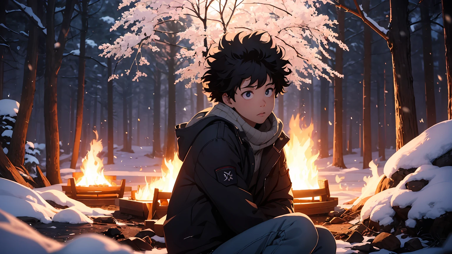 Izuku Midoriya at bonfire, cold, snow, 1boy, beautiful detailed eyes, beautiful detailed lips, extremely detailed face, long eyelashes, sitting by a cozy bonfire, winter landscape, snow-covered forest, starry night sky, warm firelight, cold atmosphere, cinematic lighting, highly detailed, 8k, photorealistic, intricate details, dramatic composition, muted color palette, dramatic lighting