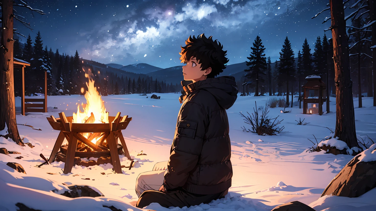 Izuku Midoriya at bonfire, cold, snow, 1boy, beautiful detailed eyes, beautiful detailed lips, extremely detailed face, long eyelashes, sitting by a cozy bonfire, winter landscape, snow-covered forest, starry night sky, warm firelight, cold atmosphere, cinematic lighting, highly detailed, 8k, photorealistic, intricate details, dramatic composition, muted color palette, dramatic lighting