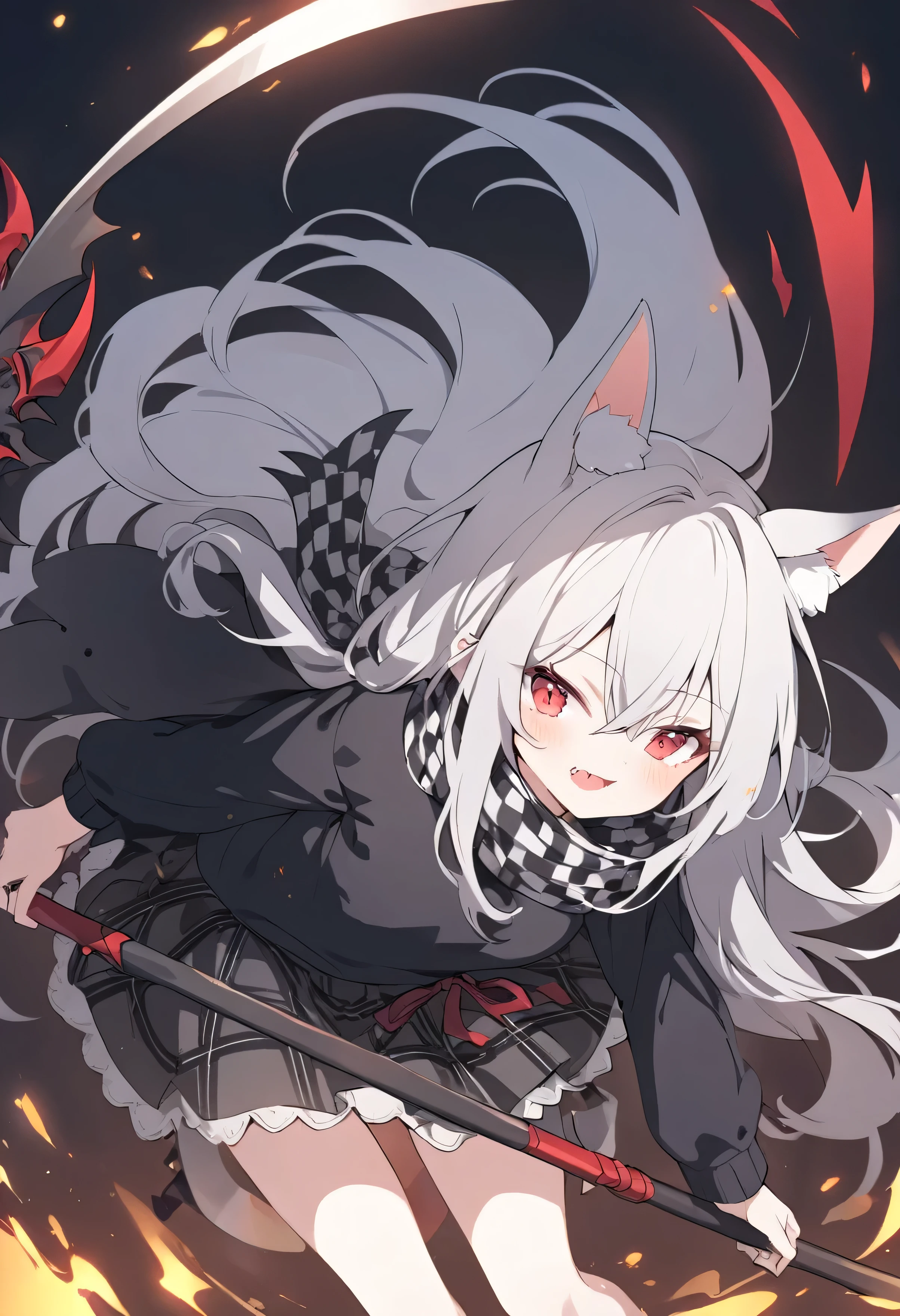 A girl waring black sweater with gray horizontal stripes, a checkered scarf, caro skirt and have white long hair, have white kitsune ears holding a demon scythe