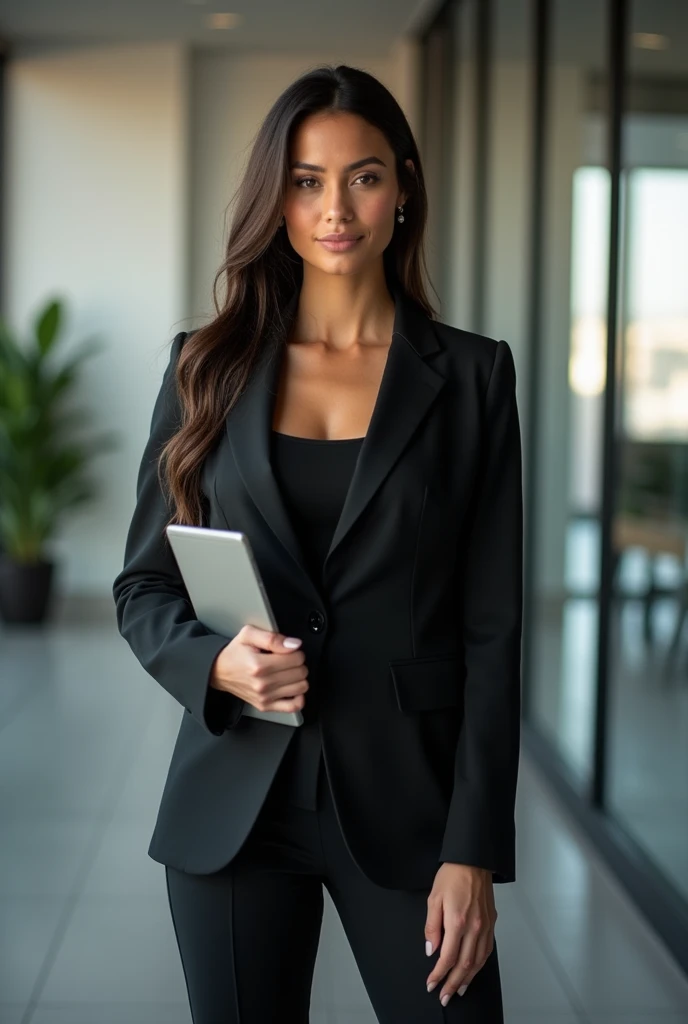 Create a portrait image of an empowered female entrepreneur, dressed elegantly in a suit. She is in a modern office environment with minimalist decor., standing confidently, displaying assertive posture. His facial expression is determined and focused., and she holds a tablet or laptop in one hand. Lighting highlights your presence, suggesting strength and leadership