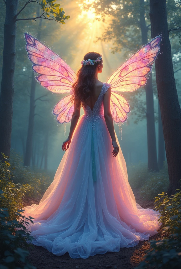Fine Art Master Class Splash Spray Rainbow Opal Prisma Sakura Oil Color, Long dress, Celestial ghostly fairy, High resolution, Ultra high definition, Centered, Bokeh, Lens flare, foggy dusk, bloom, light bloom, Cinema Lighting, High Dynamic Range, Depth of written boundary, Full pose, in the forest, Sunlight filtering through the trees, Gentle light