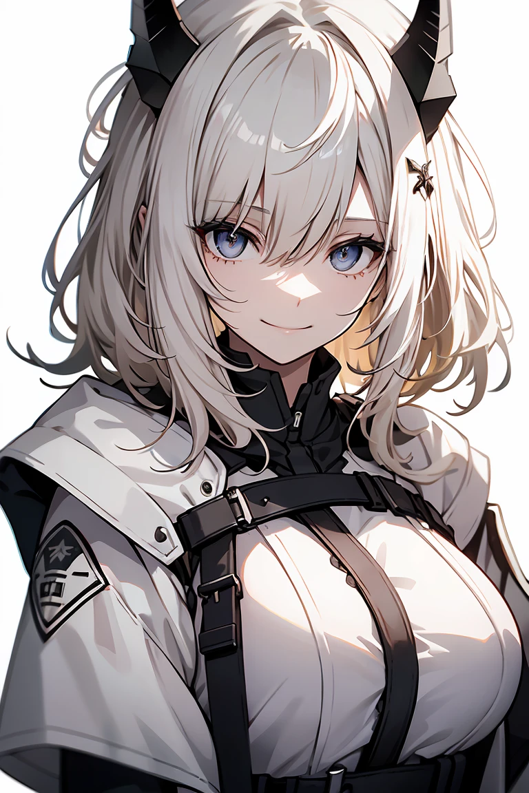 One Girl, whole body, White one-piece military uniform, (Tabletop:1.2, Highest quality), (Beautiful, detailed eyes: 1.2), (Beautifully detailed face), High Contrast, (Best lighting, Very delicate and beautiful), ((Cinematic Light)), Dramatic Light, very orange eyes, Large Breasts, Belt under the chest, White military uniform, White Skirt,Blonde, Black tie,  (Pale white background:1.5), Wolf Cut Hair, Look at me and smile,horn