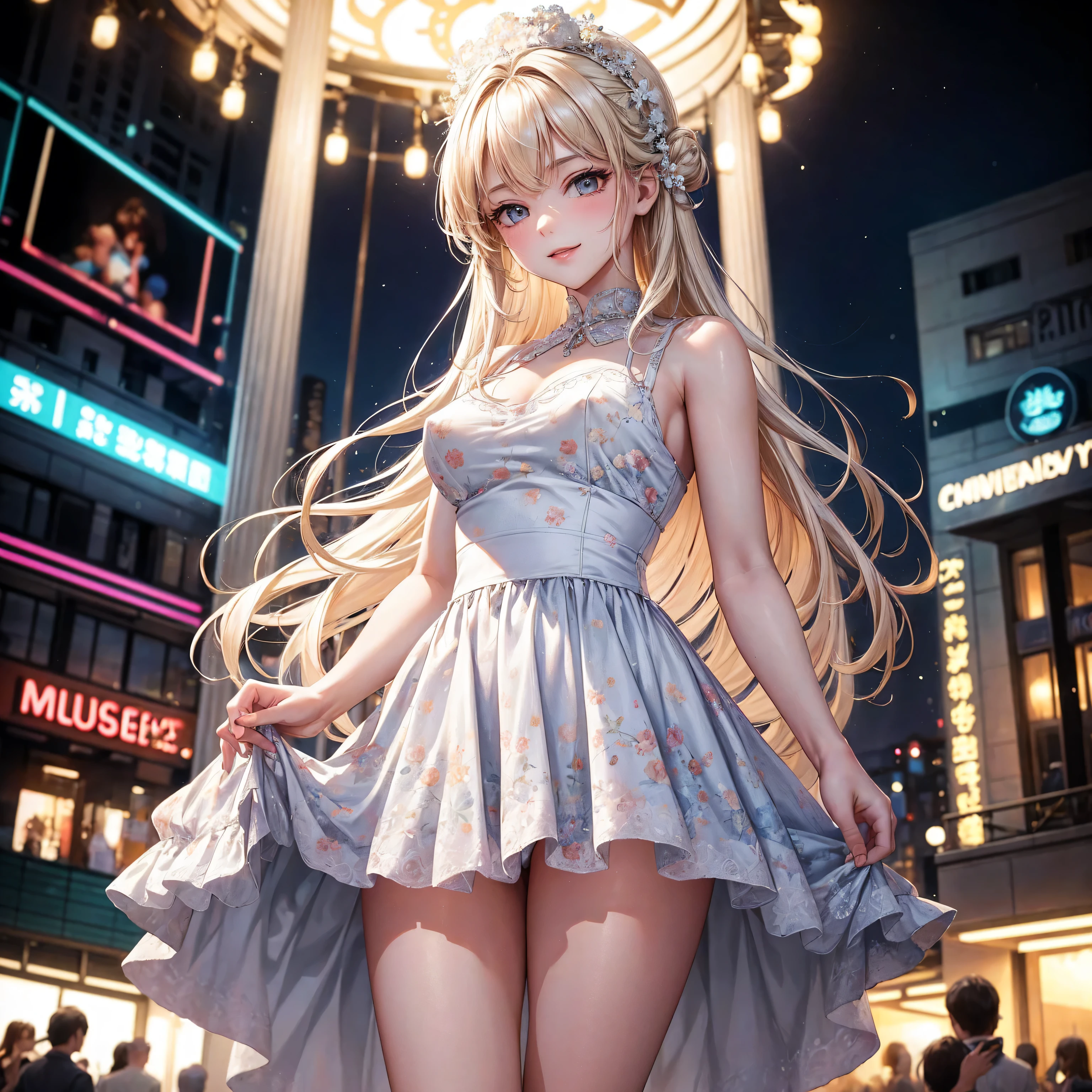 Low Angle,From below,((masterpiece:1.4, Highest quality)), ((masterpiece, Highest Resolution)), (Beautiful illustrations),One Girl, Beautiful medium-long silver blonde mix hair, (Show me your beautiful nipples),
(Elegant floral print mini flare skirt),((Showing off her elegant white panties)), (Looking at the audience),
An innocent smile, Cute Smile,night,Shopping Mall Street, neon,Cinema Lighting,