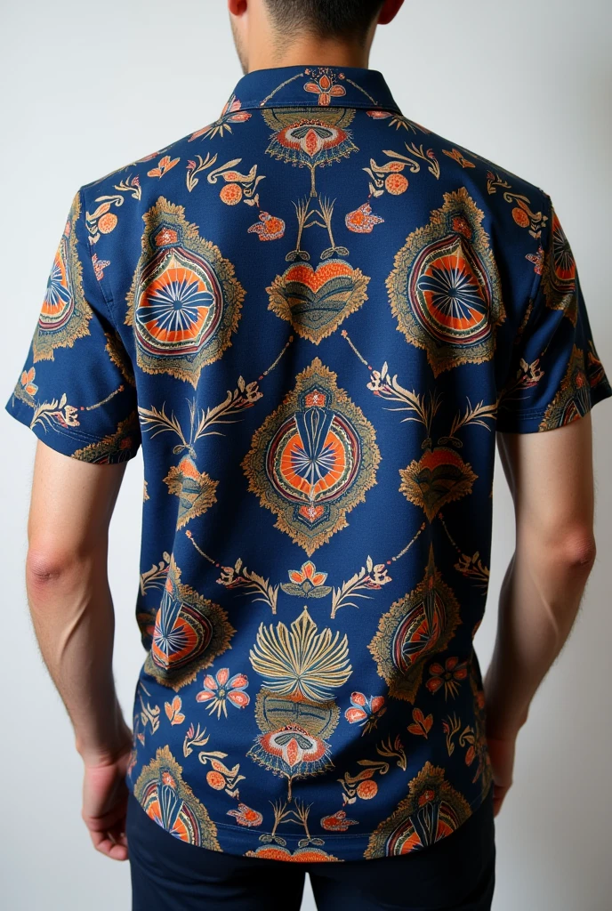 Navy blue Thai pattern polo shirt, front, back, side