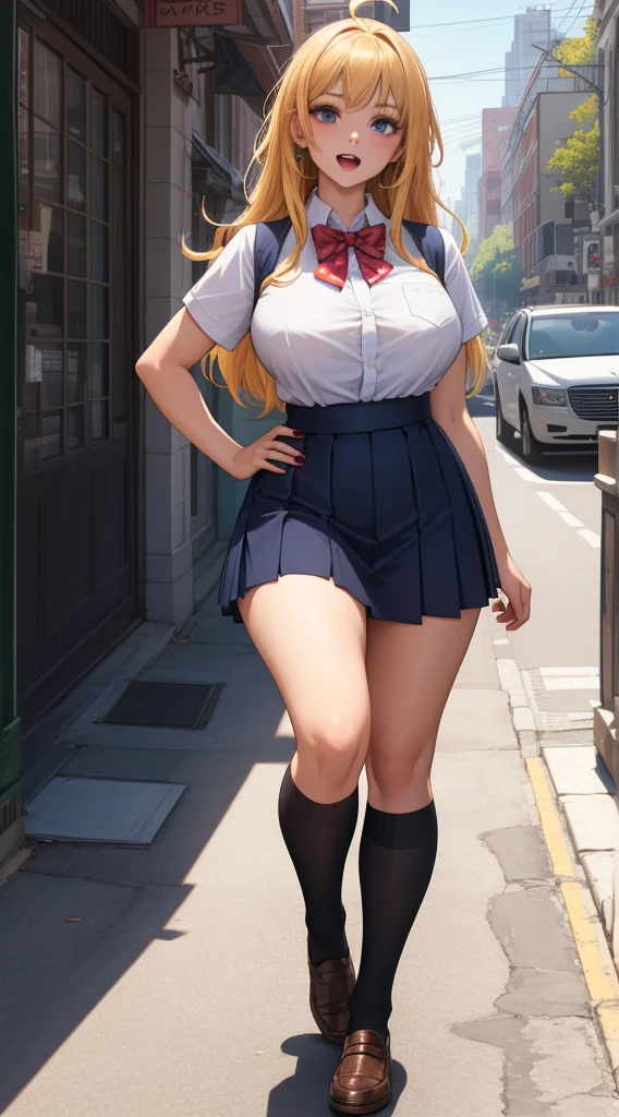 large breasts (weight: 1.5),
an anime/cartoon character wearing a girls school uniform walking upright with straight posture and an open mouth, 1girl, solo, thigh-highs, Short sleeve shirt, ahoge, long hair, hand on hip, full body, bow, school uniform, looking at viewer, bowtie, shoes, loafers, ribbon, (very short skirt:1.4),
official art, extremely detailed CG unity 8k wallpaper, perfect lighting,Colorful, Bright_Front_face_Lightinasterpiece:1.0),(best_quality:1.0), ultra high res,4K,ultra-detailed,
photography, 8K, HDR, highres, absurdres:1.2, Kodak portra 400, film grain, blurry background, bokeh:1.2, lens flare, (vibrant_color:1.2)
, (beautiful_face:1.5),(narrow_waist), (Beautiful,Huge_Breasts:1.3)(obese) thick hip and bare feet whith red nail polish