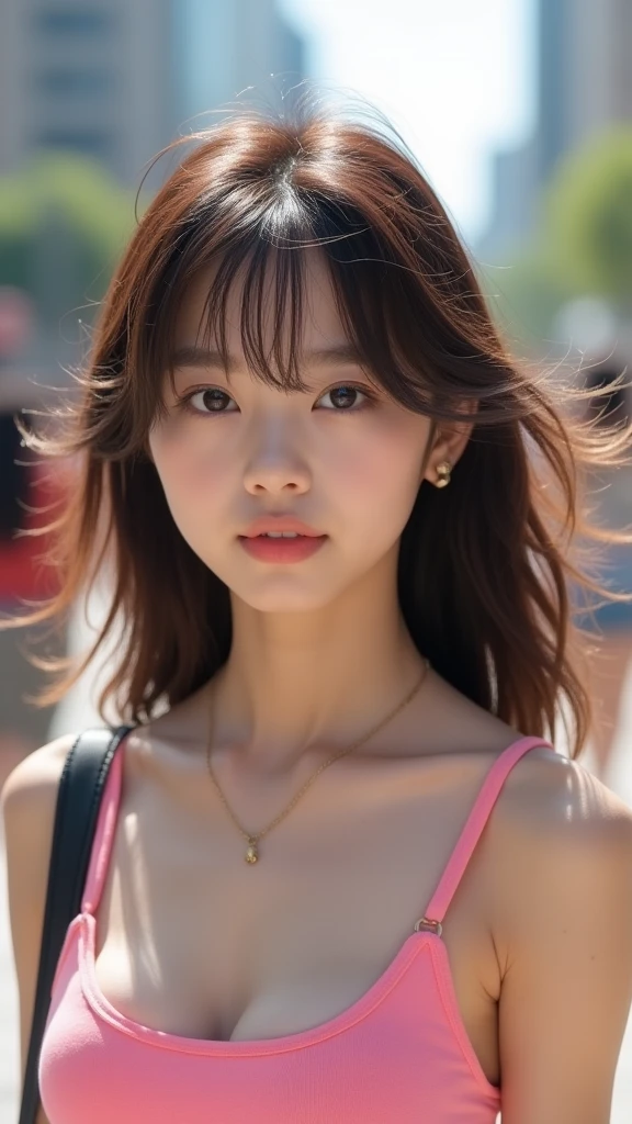 (best quality, 8k, 32k, masterpiece, UHD:1.2), ultra high resolution, extremely detailed, (cute idol face Korean teenage girl), (************:1.3), solo, long shot, beautiful detailed eyes, semi long brown fluffy hair, bangs, (wearing pink tank-top), large breasts, cleavage, (crowded city boulevard on a bright sunny day:1.3), perfect professional lighting, (detailed background:1.5)