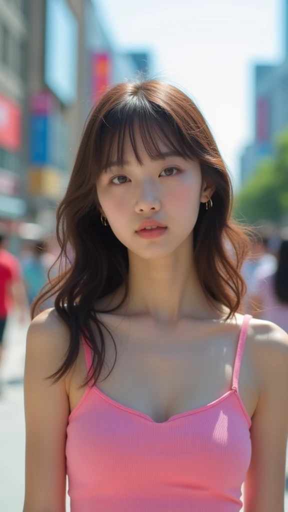 (best quality, 8k, 32k, masterpiece, UHD:1.2), ultra high resolution, extremely detailed, (cute idol face Korean age girl), (13 y), solo, long shot, beautiful detailed eyes, semi long brown fluffy hair, bangs, (wearing pink tank-top), large breasts, cleavage, (crowded city boulevard on a bright sunny day:1.3), perfect professional lighting, (detailed background:1.5)