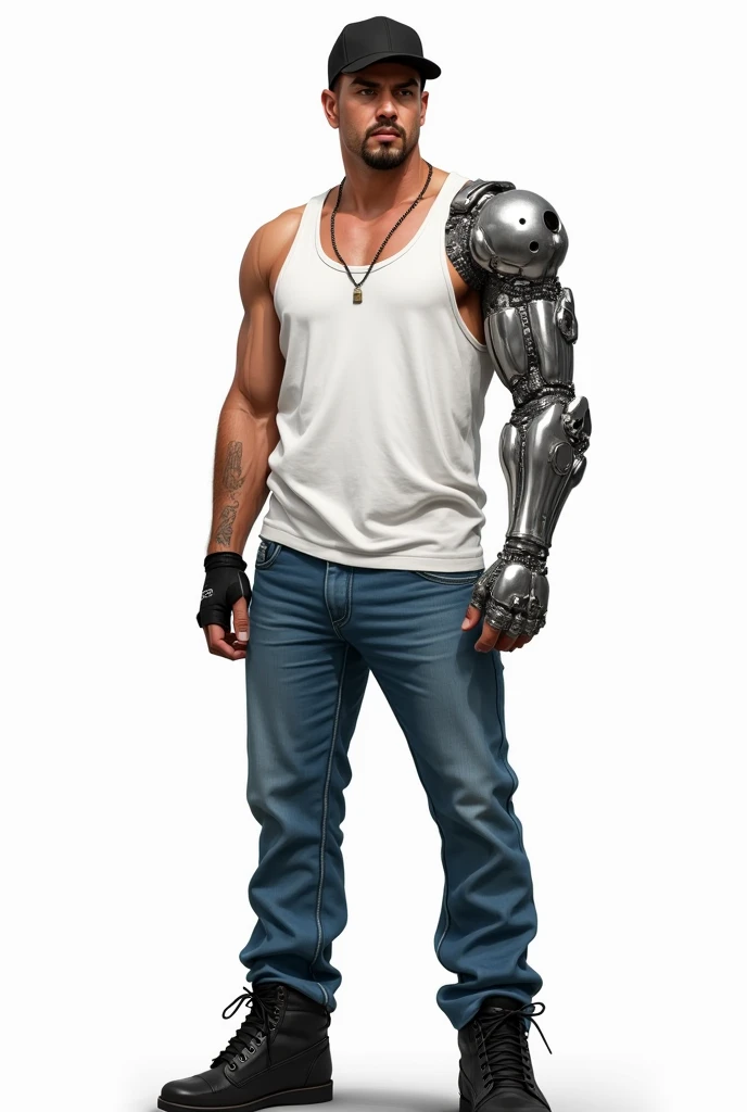 drawning, sharp colors, one men, 30years, short stature, black goatee, Black cap, white tank top, blue jeans, eyes browns, Black boots, silver plated dog skull shaped prosthesis on left hand, Furiosa, white background, fully body