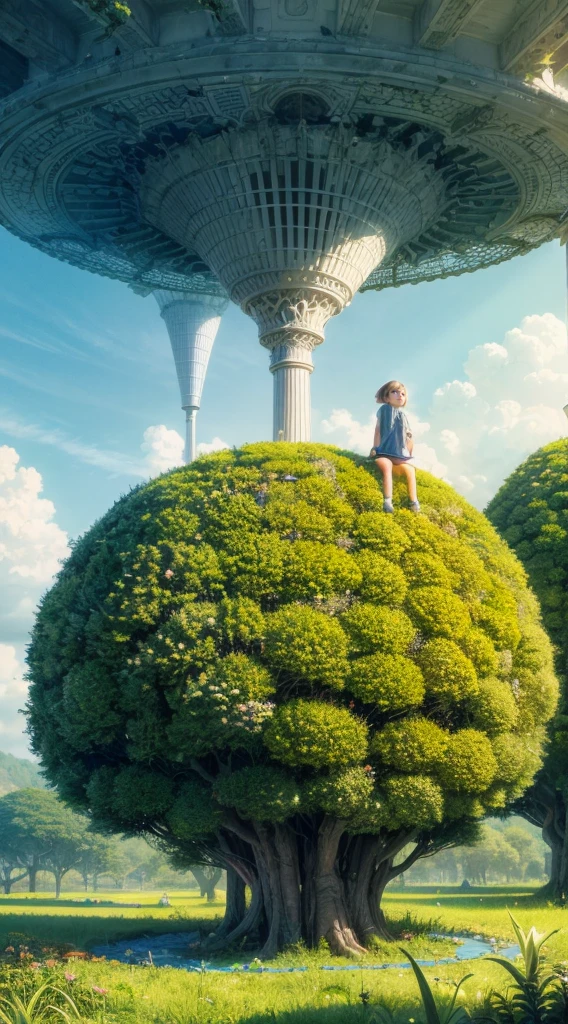 "A young girl with a sense of wonder explores an alien planet with vibrant chrome vegetation. The surreal landscape and flora create a stunning juxtaposition in a space-age paradise.