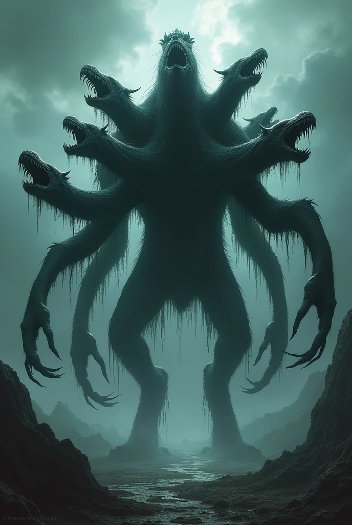 Cut to eerie visuals of mythical creatures. monster with twelve legs and six heads