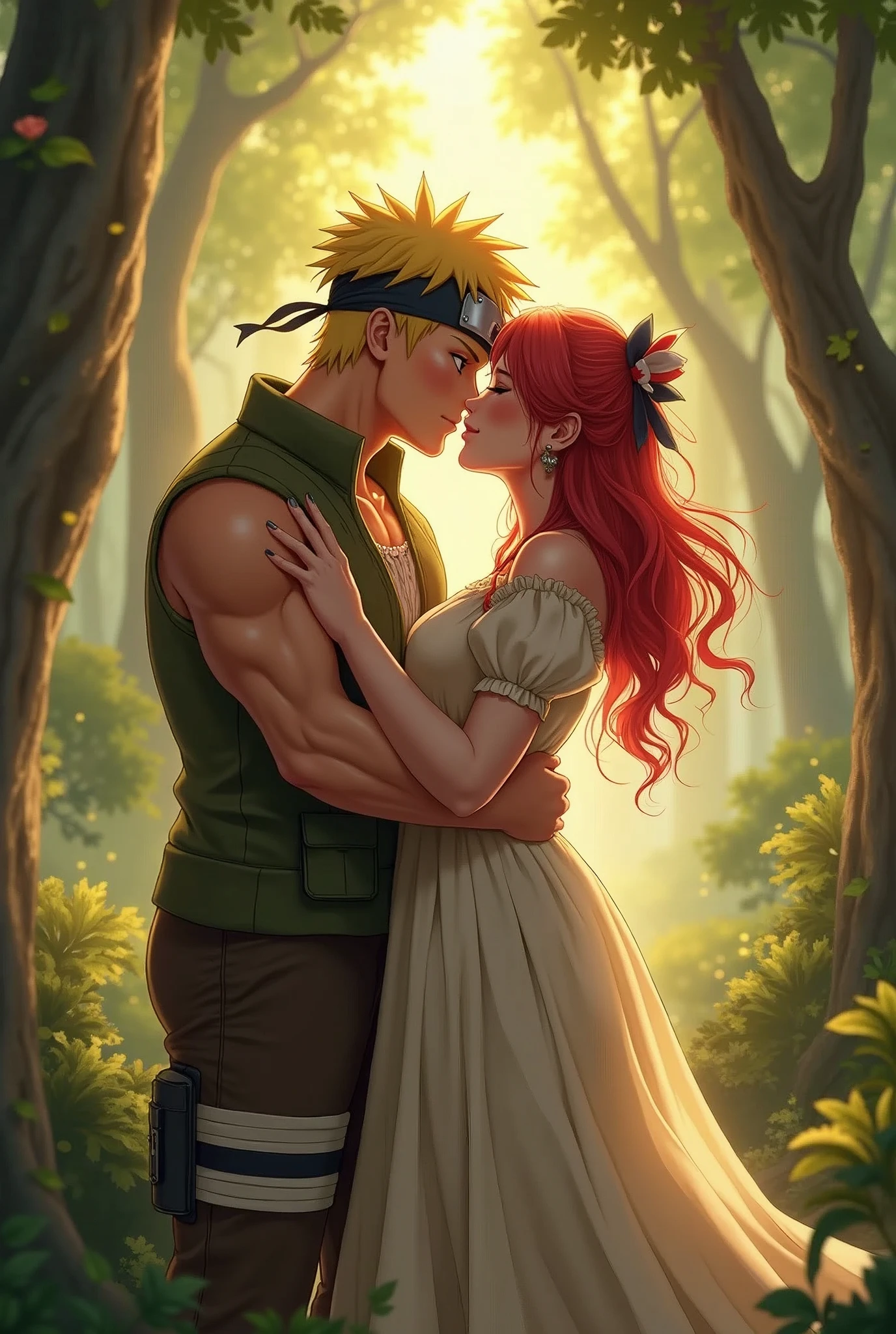 a man and a woman hugging in the woods, female link and malon kissing, peasant boy and girl first kiss, gregoire and manon, lovely kiss, kisses are wordless spells, fairy tale style background, the girl has red hair huge breasts, thicc thighs,the boy is Naruto uzomaki, strong body, anatomy correctly, accurate,UHD