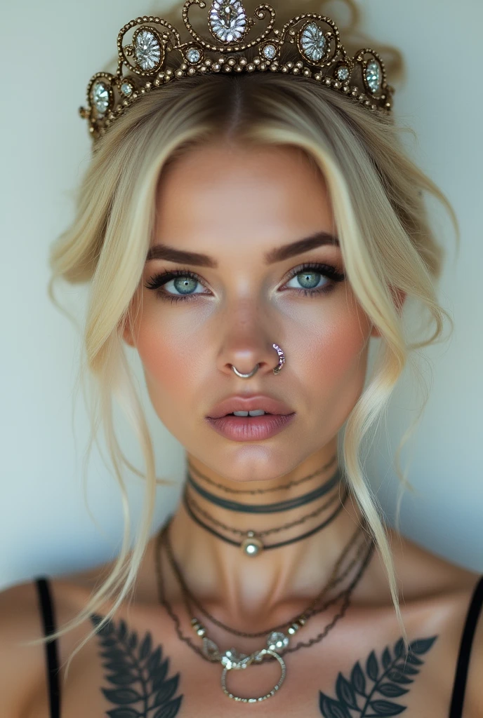 women, blonde, tiara, eyeliner, piercing nostril, piercing septum, clavicle leaf tattoos, modern style