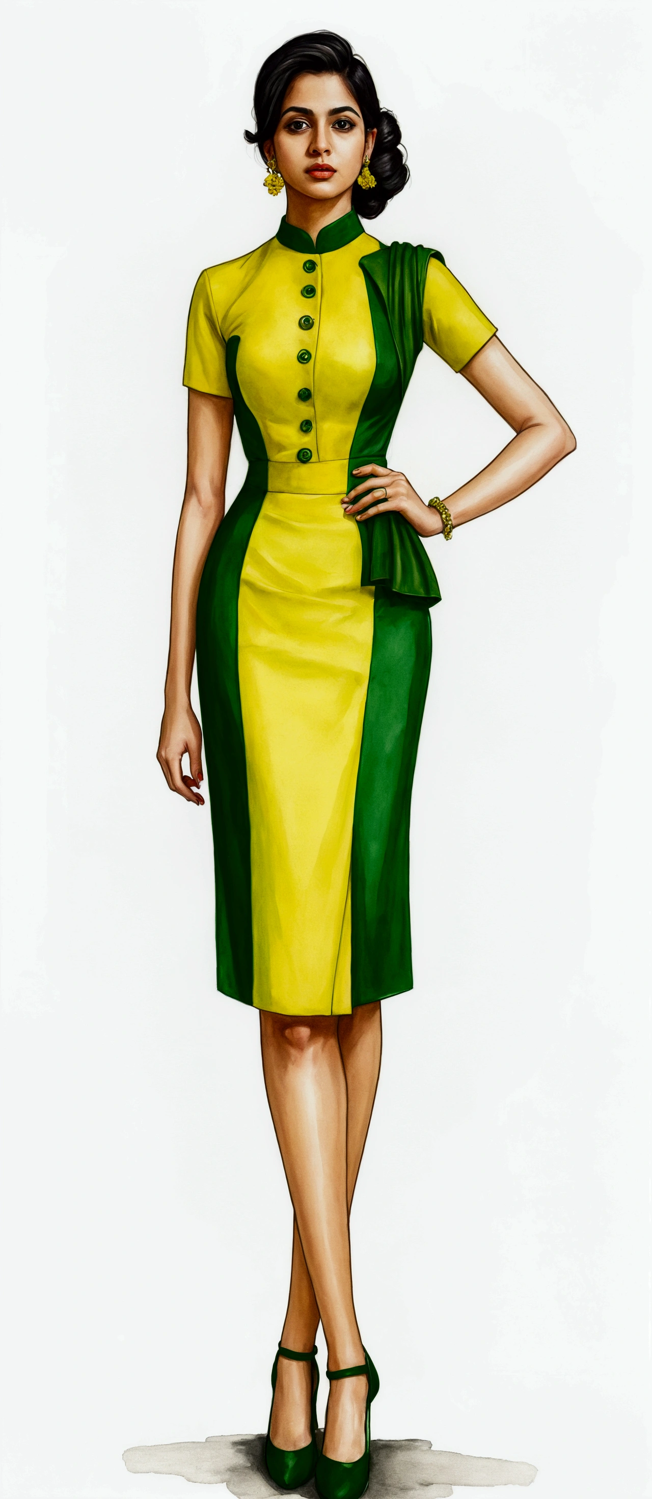 A drawing of a woman in a green and yellow dress., Custom design, clothing design, Yellow and green scheme, new costume design concept, Custom designn, clear clothing design, model design, realist, avant-garde designer uniform, Custom designn made with love, inspired by Saurabh Jethani, full body concept, pencil style, Clothing design, clothing concept