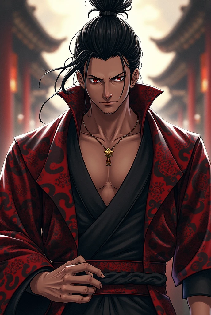 create 4 images of a one piece style pirate **character description:**
This male character has a striking and mysterious presence.. Her black hair is tied in a high bun, with loose strands falling softly around her face, accentuating his sharp features. Their eyes, penetrating and red in color, convey an intense and calculating look, implying that he is someone with great power and a strategic mind.He wears an elaborate kimono, adorned with intricate patterns in red, black andwhite, symbolizing a mix of Wano traditions and a dark twist that may hint at its Teach heritage