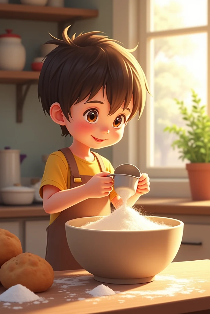 A kid putting a cup of flour in a bowl and a bit of salt.