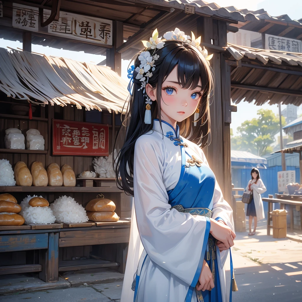 Beautiful girl in white and blue ancient Chinese costume Sta selling sticky rice wrapped in stewed pork in a small shed on the side of the road in a market next to a cargo ship, where people get off the ship wearing ancient Chinese clothing and walk down to buy her stuff.. The sun shines on my face, my eyes sparkle.
