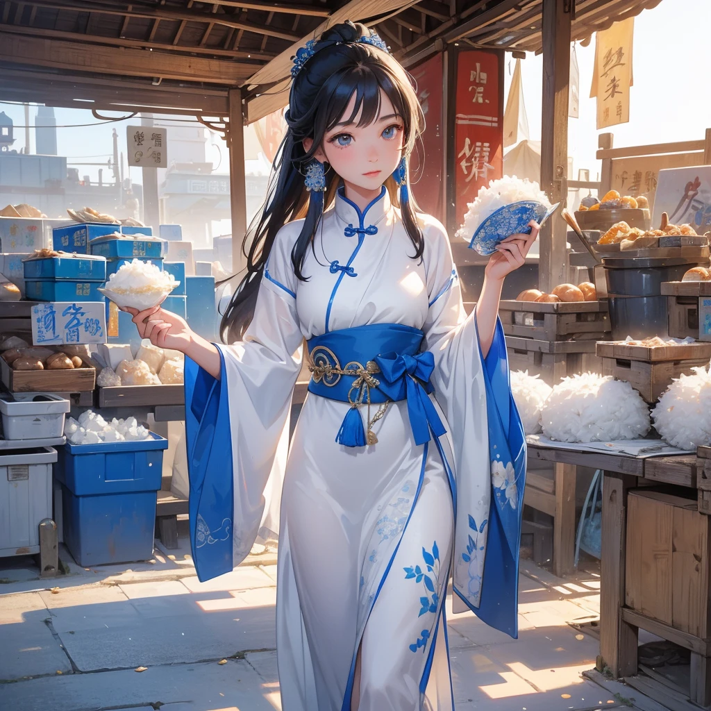 Beautiful girl in white and blue ancient Chinese costume Sta selling sticky rice wrapped in stewed pork in a small shed on the side of the road in a market next to a cargo ship, where people get off the ship wearing ancient Chinese clothing and walk down to buy her stuff.. The sun shines on my face, my eyes sparkle.
