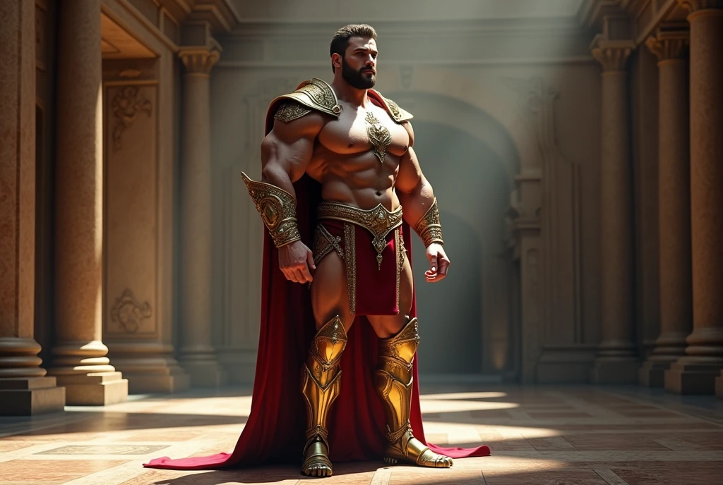 realist, (masterpiece), (photorealist:1.3), ultra detailed, (high detailed:1.2), (Best Quality:1.0), manly, muscular, Tall Man, chest hair, A man in royal attire, covered with a small insulting armor, fancy, full body character sheet, huge bulge in crotch, cuerpo muscular, full body view, inside a castle, very small thread loincloth, Haircut, Shadow of six o'clock.