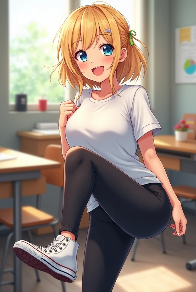 Beautiful white anime girl, blonde hair, blue eyes, freckles, bright smile, black leggings, black high top converse shoes, white shirt, one leg kicking in the air towards the camera, classroom background. 