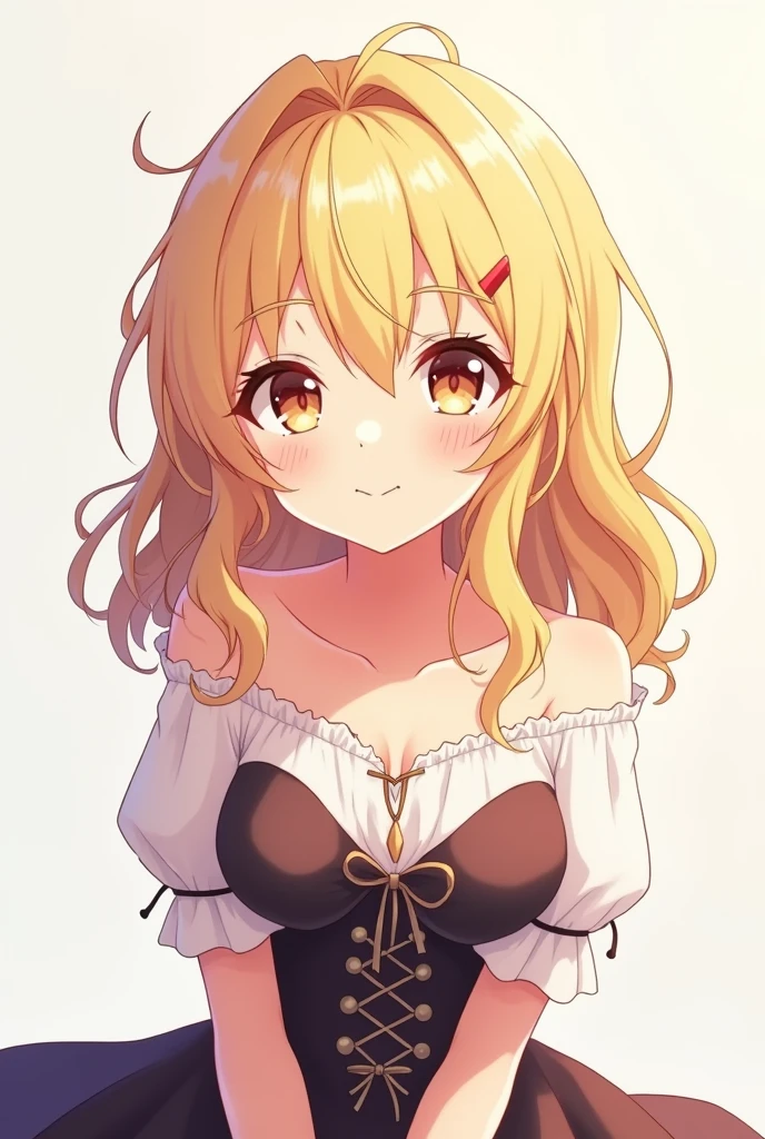 Young girl, teen girl +14, wavy hair, blonde hair, long low hair, anime eyes, fringe spiky, small breasts, bustier , overskirt
