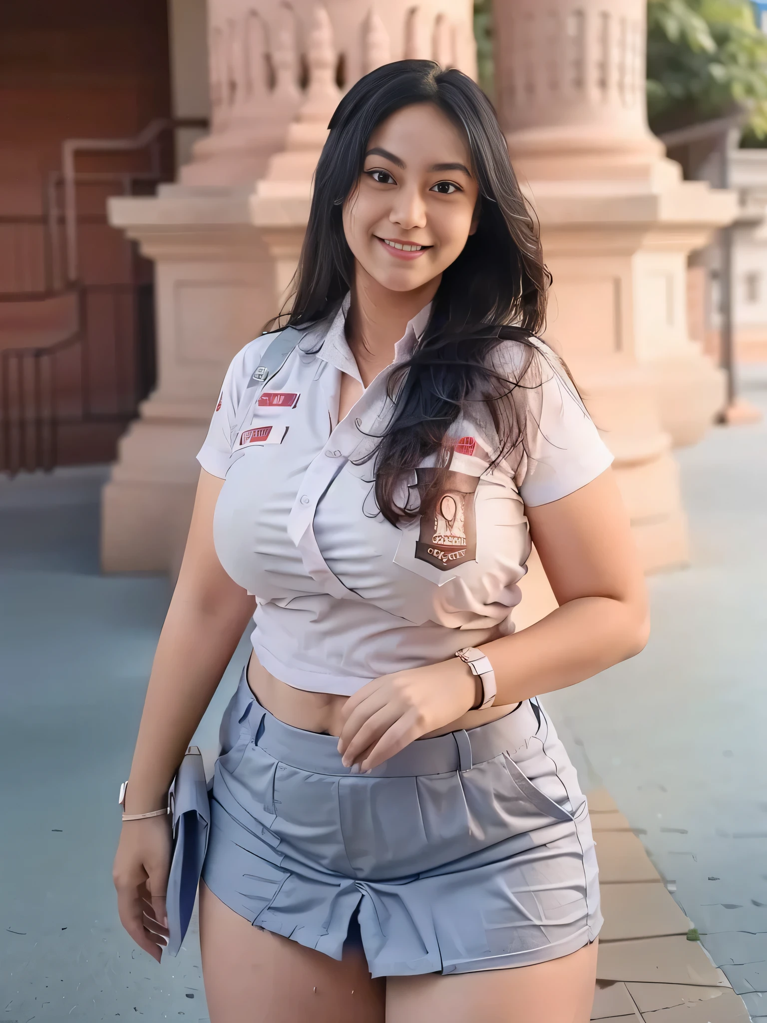 1girl, solo, 19 years old, (uniform), detailed Metropolitan city at the background, portrait, thick breasts, semi-curvy body, Sixpack abs, smooth realistic skin, cute smile, tight white shirt, grey blue short skirt, looking at the audience, high angle shot,(8k, RAW photo, best quality, masterpiece: 1.3), (realistic, realistic: 1.37), ultra-high resolution, cowboy shot