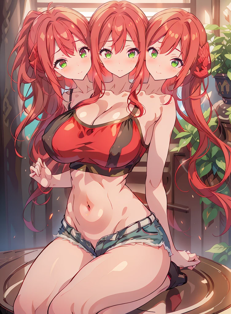 (masterpiece),best quality:1.5, ultra-detailed, high resolution, high quality, 16K, ((3heads:1.5)), ((red hair)),(1girl), conjoined twins, girl with two heads cleavage, ((red crop top)), shorts, (green eyes), long hair, sexy woman, gentle smile, seductive woman, sexy silhouette, blushing, open belly, open breasts, huge breasts,
