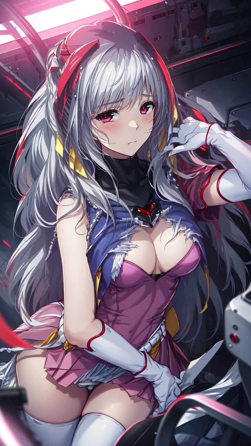 12k,Escalayer,long hair,hair_ornament,Red eyes,Pink Dress,White long gloves,thigh_boots, Embarrassing ,blush,,,White ,,masterpiece,Noise Reduction,Perfect Anatomy,High resolution, Very detailed,Game CG,Dutch Angle ,Beautiful attention to detail,Visual Arts,Five Fingers, Perfect hands, Perfect lighting,,Red eyes,(Silver hair:1.6),(Inside the futuristic base:1.1)、puff sl,empty eyes,(Emotionless:1.4)