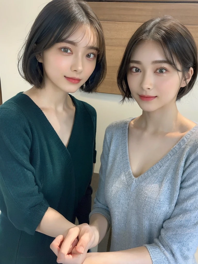 (masterpiece:1.3), (8k, Photoreal, Raw photo, best image quality: 1.4), Japanese high school girl、(random hairstyle:1.2)、cleavage:1.5、super detail face、eye for details、double eyelid、chest to chest、sharp focus:1.2、Beautiful woman:1.4、light brown hair、highest quality、masterpiece、超A high resolution、(Photoreal:1.4)、Highly detailed and professionally lit smiles、loose and light knitwear、shoulder out、thin、serious expression、short haired、deadly position
similar identical twins
All the girls have the exact same face, The two have the same face and figure, as if they were mirror images.