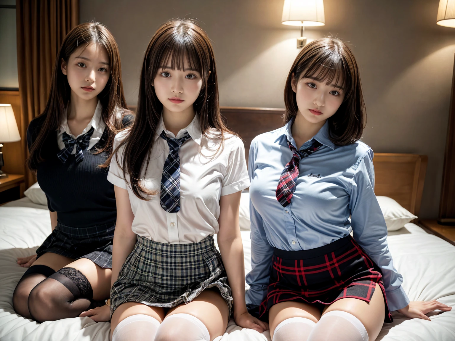 masterpiece, best quality, illustration, Super detailed, fine details, High resolution, 8K,wall paper, perfect dynamic composition,(Details High quality, realistic depiction of eyes:1.3), (3 girls), (white school shirt :1.2), (plaid skirt :1.3), tie black, black thigh-high stockings, sitting, open legs, short bob hair, in a hotel room in the background, deep on field, large breasts, black hair color, Big Natural Color Lip, (perfect body shape), crying a little、Harajuku style、20 year old girl、cute type、beautiful legs, Gravure Idol