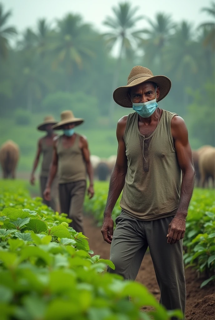 Indian farmers during covid 19 wearing mask with a farm behind them