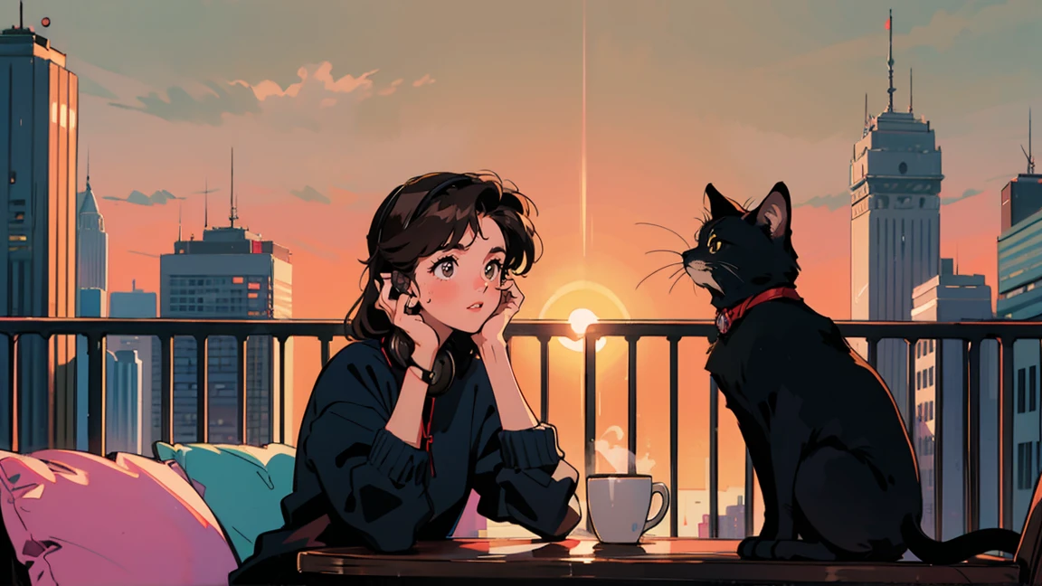 Highest quality, 8k, 1990s style,Hairstyles of the 2010s, 17-year-old girl, Black Hair, Shortcuts, Light brown eyes, City Pop, ,sunset, Wear headphones,Barely, whole body, Relax Coffee,table,making,look at me, Black cat