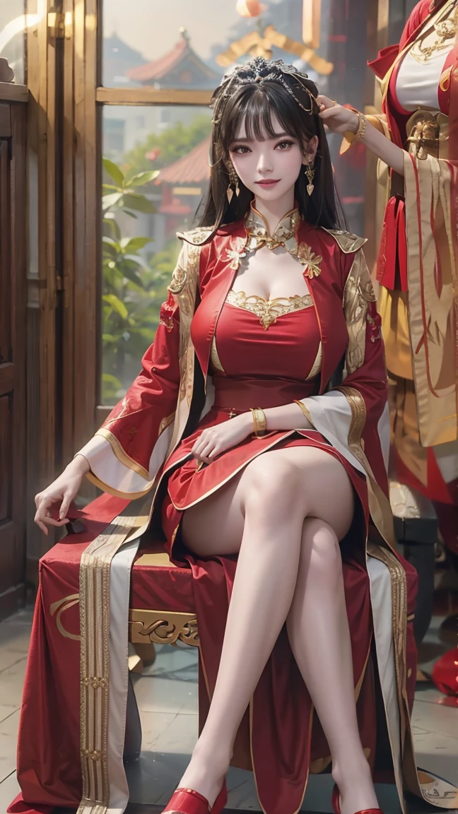 masterpiece, best quality, tthl, 1 Girl, , Solitary, Long hair:1.2, Large Breasts, Banr accessories, Chinese wedding dress, Jewelry, Black hair, Alternative clothing, bracelet, ear rings, Long skirts, Red Skirt, bracelet, Red high heels, Charming smile,Cross your legs, Sitting in the bathtub, indoors, From below，Red Dress